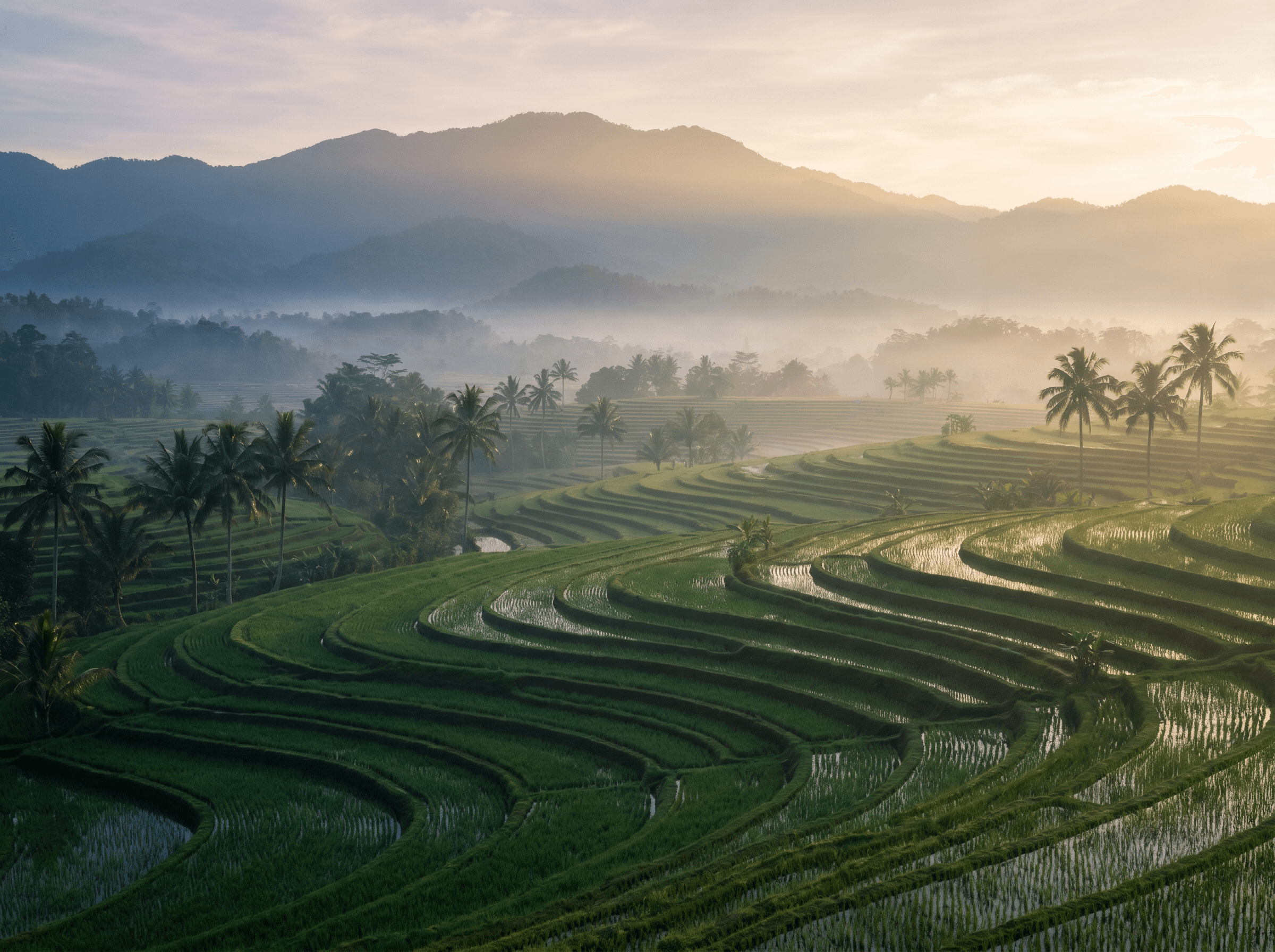 Lush green Balinese rice terraces in morning light