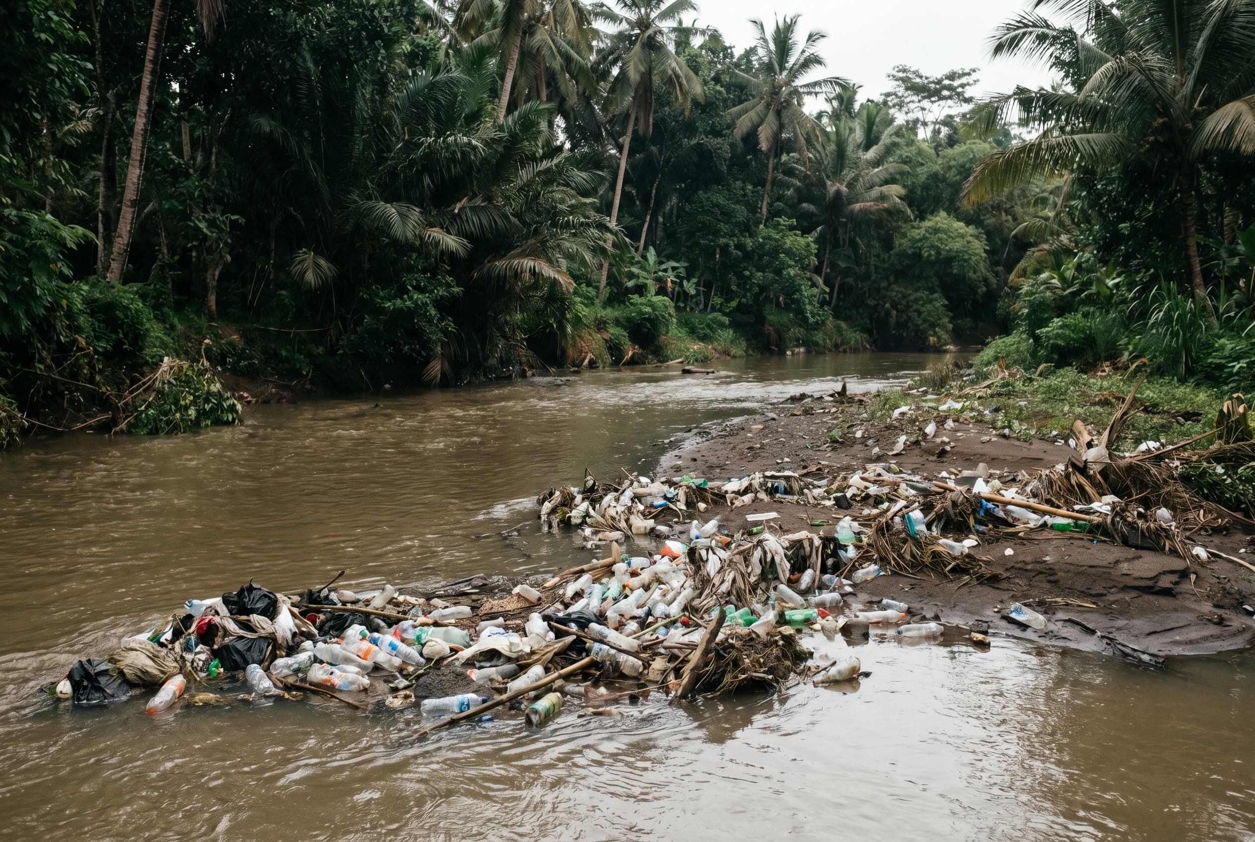 A Bali river caught with plastic waste against the bank